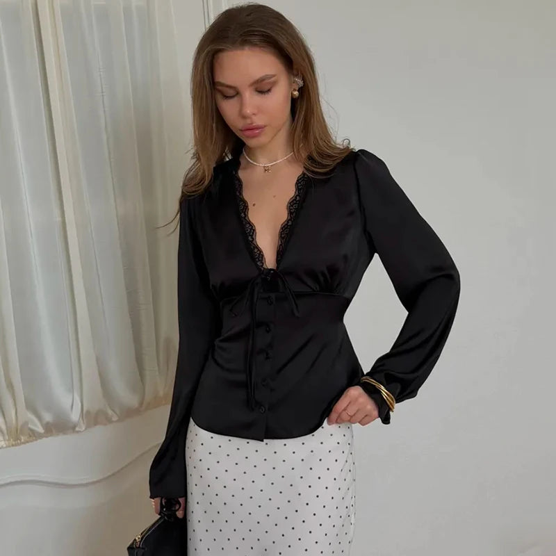 Tornova Elegant Satin Lace T Shirt Women's Long Sleeve Casual V Neck Lace Up Top Fashion Single Breasted Female Commute T Shirt
