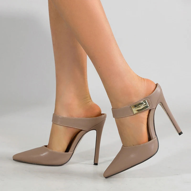 Liyke Fashion Design Metal Decoration Strap Women Pumps Slippers Cozy Leather Pointed Toe Black High Heels Shoes Stiletto Sandal
