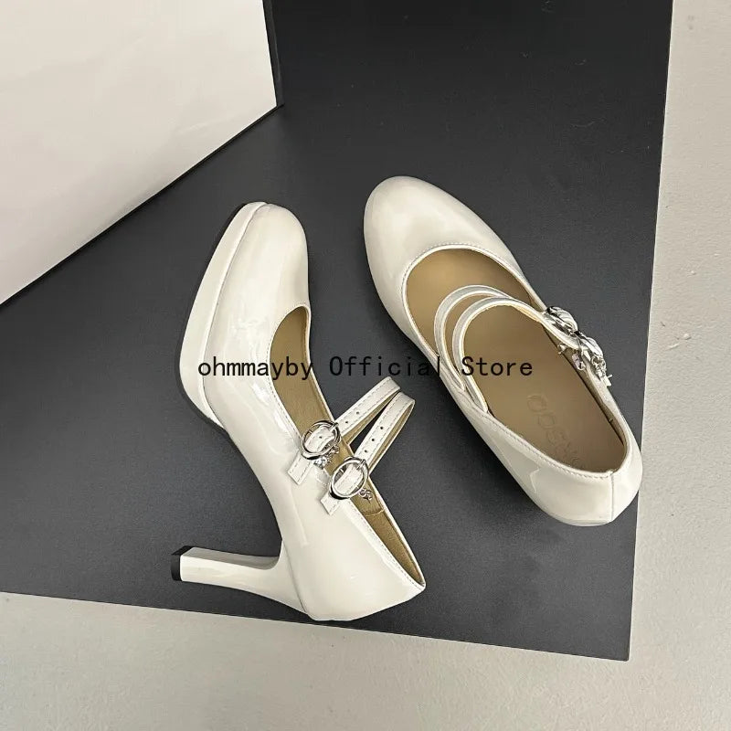 Thin High Heel Women Mary Jane Shoes Concise Shallow Belt Buckle Shoes Spring Autumn Ladies Elegant Wedding Dancing Pumps