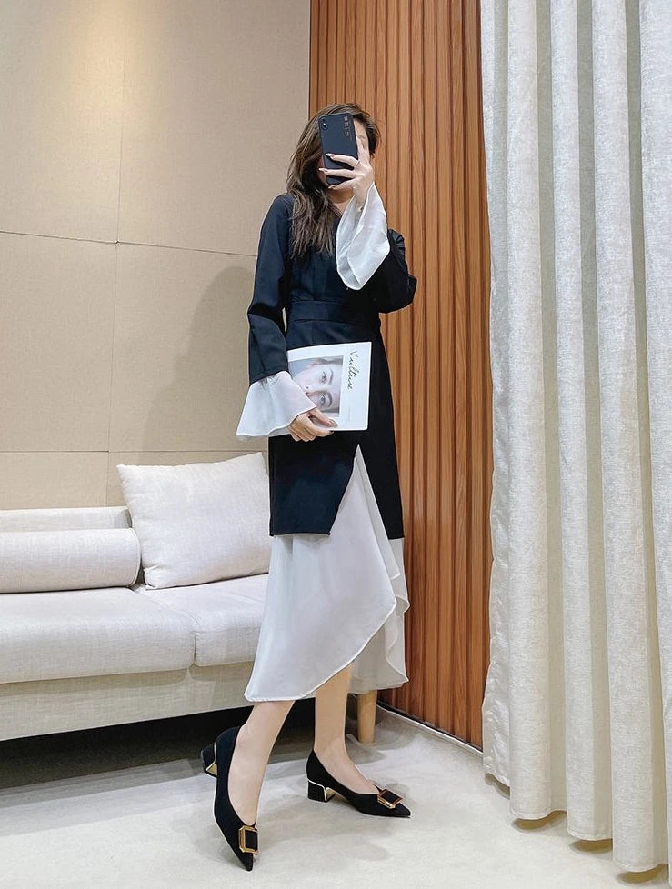Ladies Summer Footwear Office Shoes for Women 2025 with Medium Heels Black Square Pointed Toe Stylish Chic Point Lastest Casual