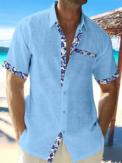 2024 new summer shirt men's Hawaiian shirt casual fashion street short -sleeved beach resort men's pocket shirt