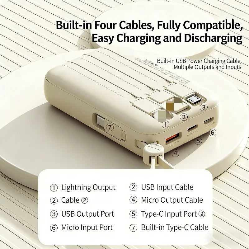 10000/20000mah Power Bank  4 in1 Built in Cables Intelligent Digital Display Light Portable Battery for IPhone Android Phone