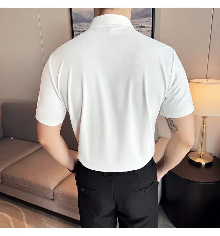 Men's White Business Casual Shirt, Fitted Striped Elastic Short-sleeved Shirt, Exquisite Embroidered Summer Formal Work Uniform.