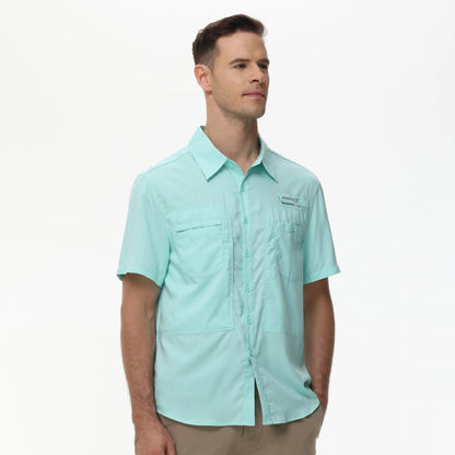 Summer Men's UPF 50+ Fishing Shirts, Lightweight Breathable Short Sleeve Cargo Shirt, Button Down Tactical Shirts Workout