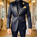 Luxury Men Suits 2 Pieces Black Floral Texture with Gold Accent Wedding Tuxedo Party Suits Formal Fashion Suits