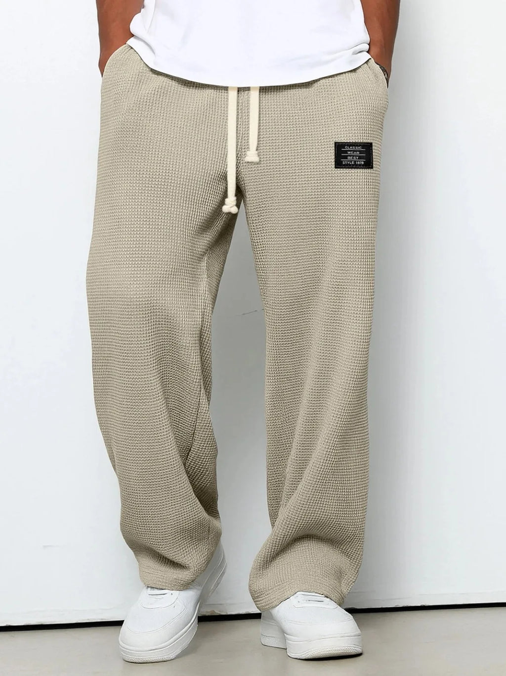 Men's spring-autumn trendy brand loose-fitting stretchy straight-leg sweatpants. Waffle fabric. Micro-bouncy sporty casual pants