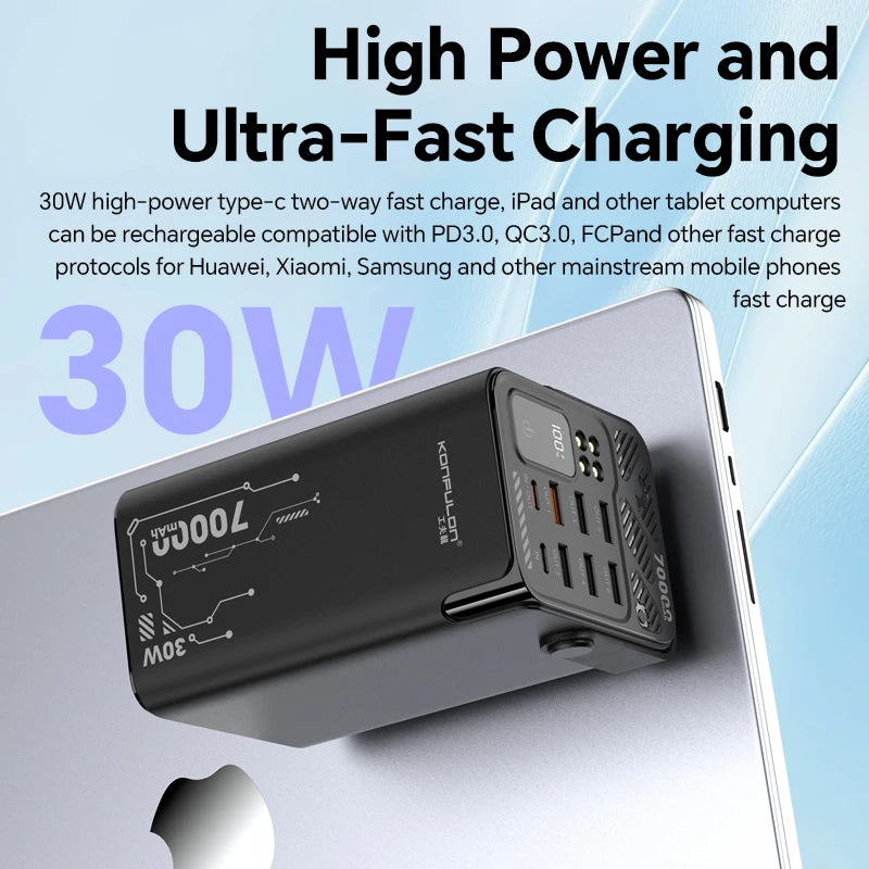 70000mAh Power Bank  With 30W PD 22.5W QC Quick Charging Powerbank Support FCP AFC VOOC 22.5 Portable PoverBank For Oppo Oneplus