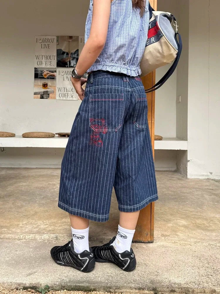 Harajuku Y2k Women's Light Blue Calf Length Cargo Jeans Baggy Denim Trousers Japanese 2000s Oversize Jean Pants Vintage Clothes