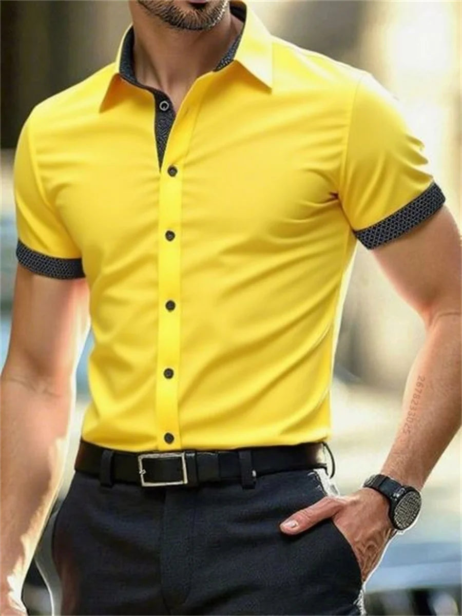 Men's short-sleeved shirt summer slim casual dress light and thin elastic no iron business shirt fashion luxury all seasons