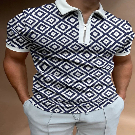 Geometric Colorblock 3D Print Polo Zipper Short Sleeve Shirt for Men