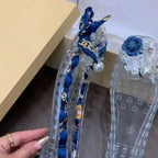 New Style Square-toe Open-toe Sandals with Flat Sole Jelly-style Shoes DlY Shoes Blue Floral Handcraftec Withcrystals and Nettin