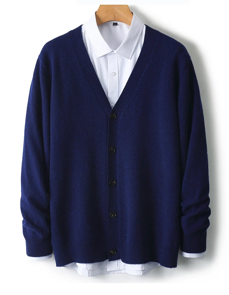 100% Pure Wool Sweater Autumn Winter New Men's Cardigan V-Neck Buckle Jacket Loose Casual Cashmere Knitted Sweater Long Sleeveds