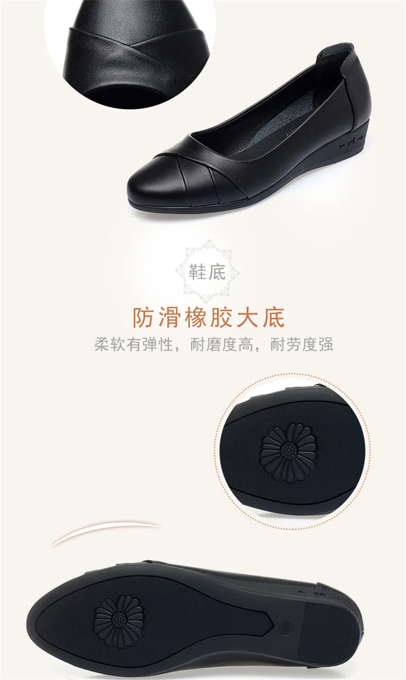Women Fashion Light Weight Wedge Heel Comfort Spring Autumn Shoes Casual Sweet  Black Leather Soft Bottom Flat Shoes