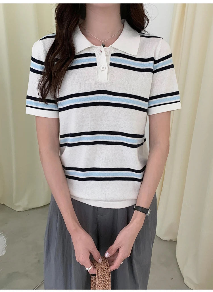 WinvyNee Summer Top Women's 100% Cotton Striped Polo T Shirt Women's Clothing Short Sleeve Casual Oversized Pullover A1522077