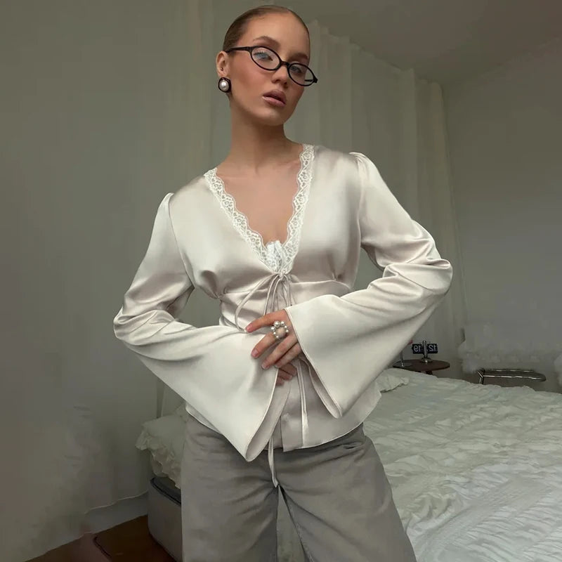 Tornova Elegant Satin Lace T Shirt Women's Long Sleeve Casual V Neck Lace Up Top Fashion Single Breasted Female Commute T Shirt
