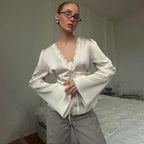 Tornova Elegant Satin Lace T Shirt Women's Long Sleeve Casual V Neck Lace Up Top Fashion Single Breasted Female Commute T Shirt