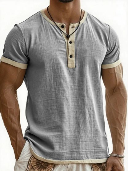Summer New Men's Cotton Linen Shirt Casual Contrast Trim Short Sleeve Top Breathable Comfort Slim Fit Sports Casual Shirt