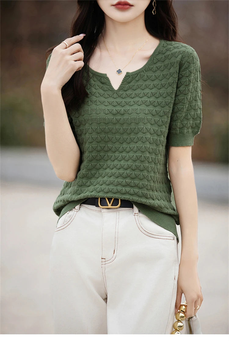 Women's T-shirt Summer New 100% Pure Cotton Tees Casual Solid Knitted Short sleeved V-neck Pullover Loose Tops Fashion Sweater