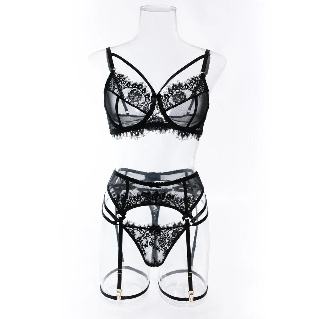 Tornova 4 Piece Sexy Lingerie Set for Women Mesh and Lace Sexy Perspective Push-up Solid Color Lace Hollow Out Underwear Set New