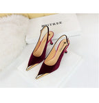 Elegant Women Green High Heel Velvet Pumps Wedding Party Slingback Sandals Metal Pointed Toe Hollow Buckle Wine Red Shoes