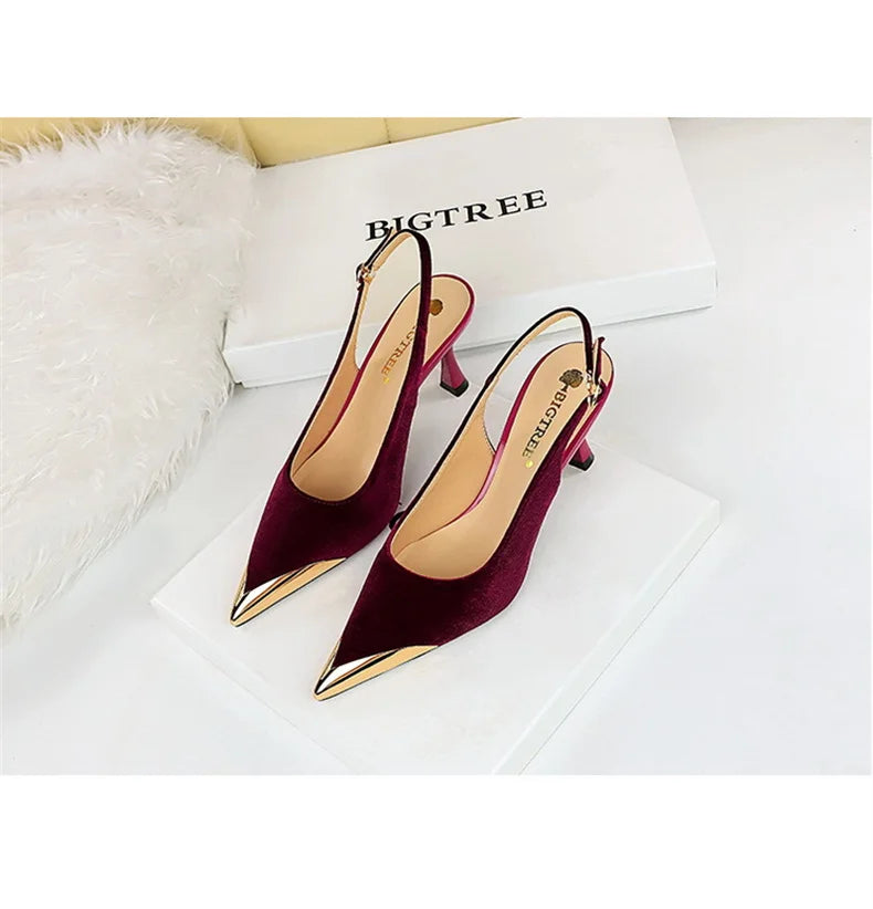 Elegant Women Green High Heel Velvet Pumps Wedding Party Slingback Sandals Metal Pointed Toe Hollow Buckle Wine Red Shoes