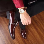 Mens Formal Wine Red Patent Leather Loafers Pointed Toe Slip On Shoes Hollow Out Non SlipBreathable Design Metal Buckle Decor