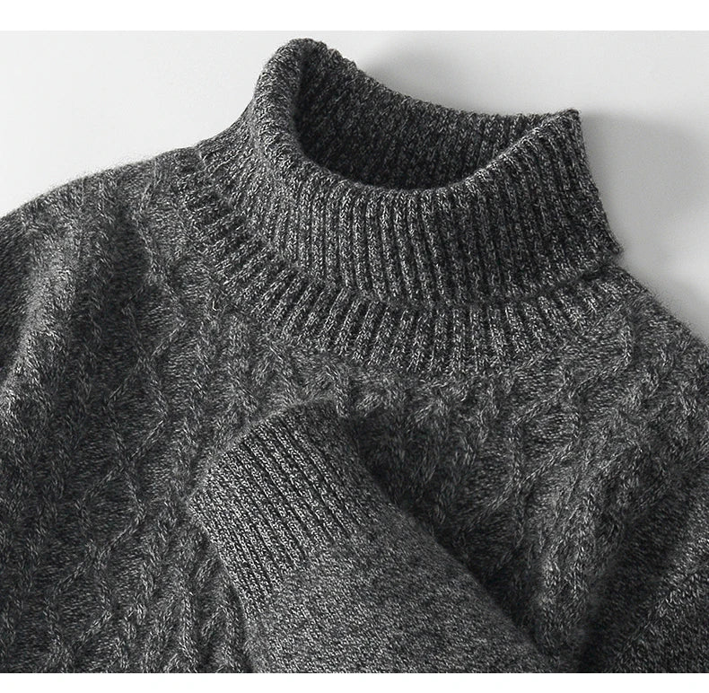Fall/Winter 100% Wool Men's Turtleneck Thicken Sweater Jacquard Solid Cashmere Knitted Bottom Shirt