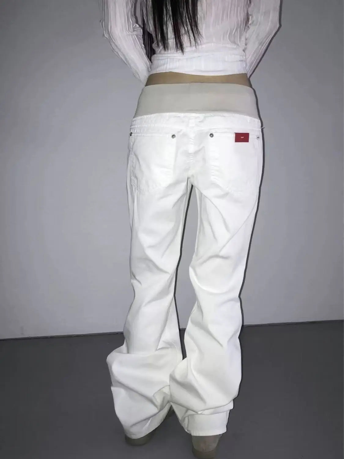 Women American Street Washed Spliced Elastic Waist Flare Jeans Plus Size Loose Drape Wide Leg Casual Trendy Denim Long Pants