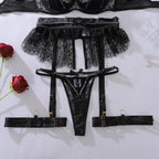 Ellolace Willowy Women's Lingerie Sets Luxury Sequin Bra Belt Thong 3PC with Leg Circles Luxury Tulle Women Intimate Underwear