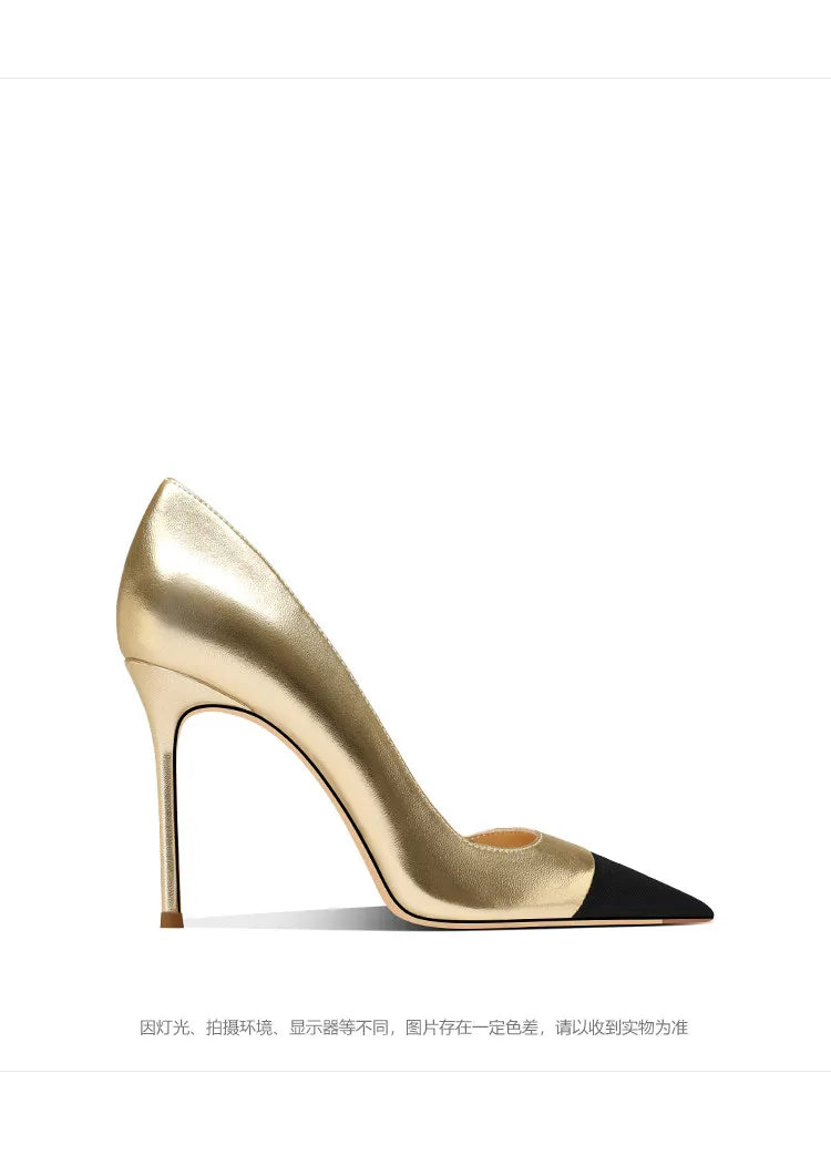Golden high heels for women, new style, with pointed, slender heels,small fragrant style,color blocking, sexy banquet high heels
