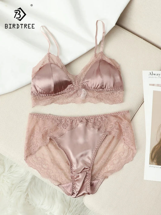 Birdtree Silk Lining French Solid Underwear, 2026 New Elegant Basic Bra Set, Thin Lace Spliced Bras For Women S30360QC