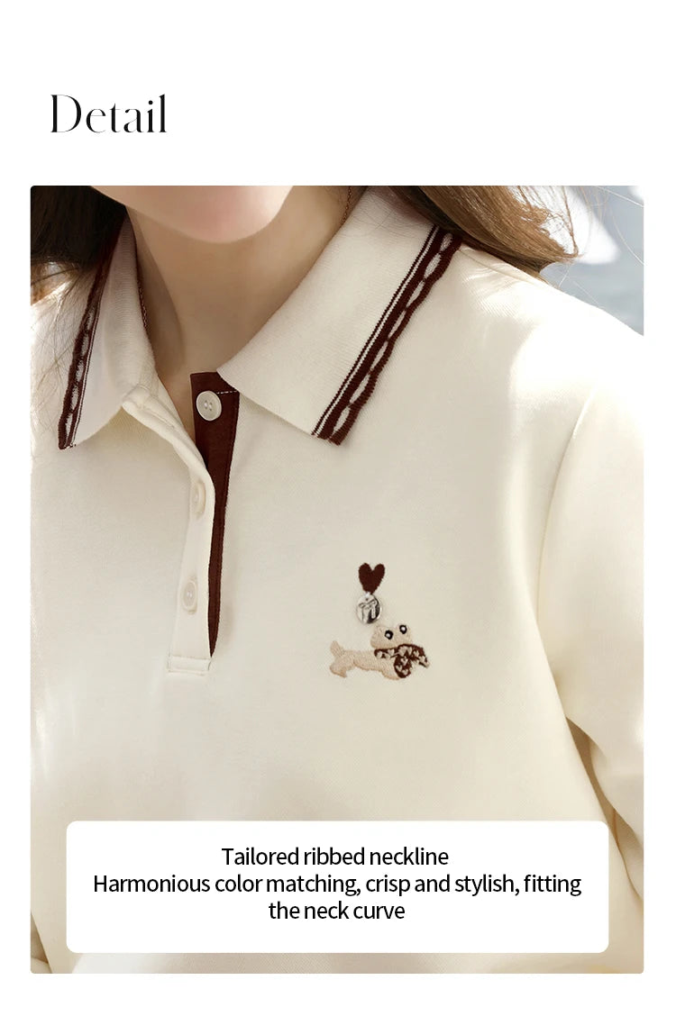I BELIEVE YOU Polo Neck Long Sleeved T-shirt for Women Autumn 2025 Apricot Casual Tees Contrast Color Embroidery Top 2253016181