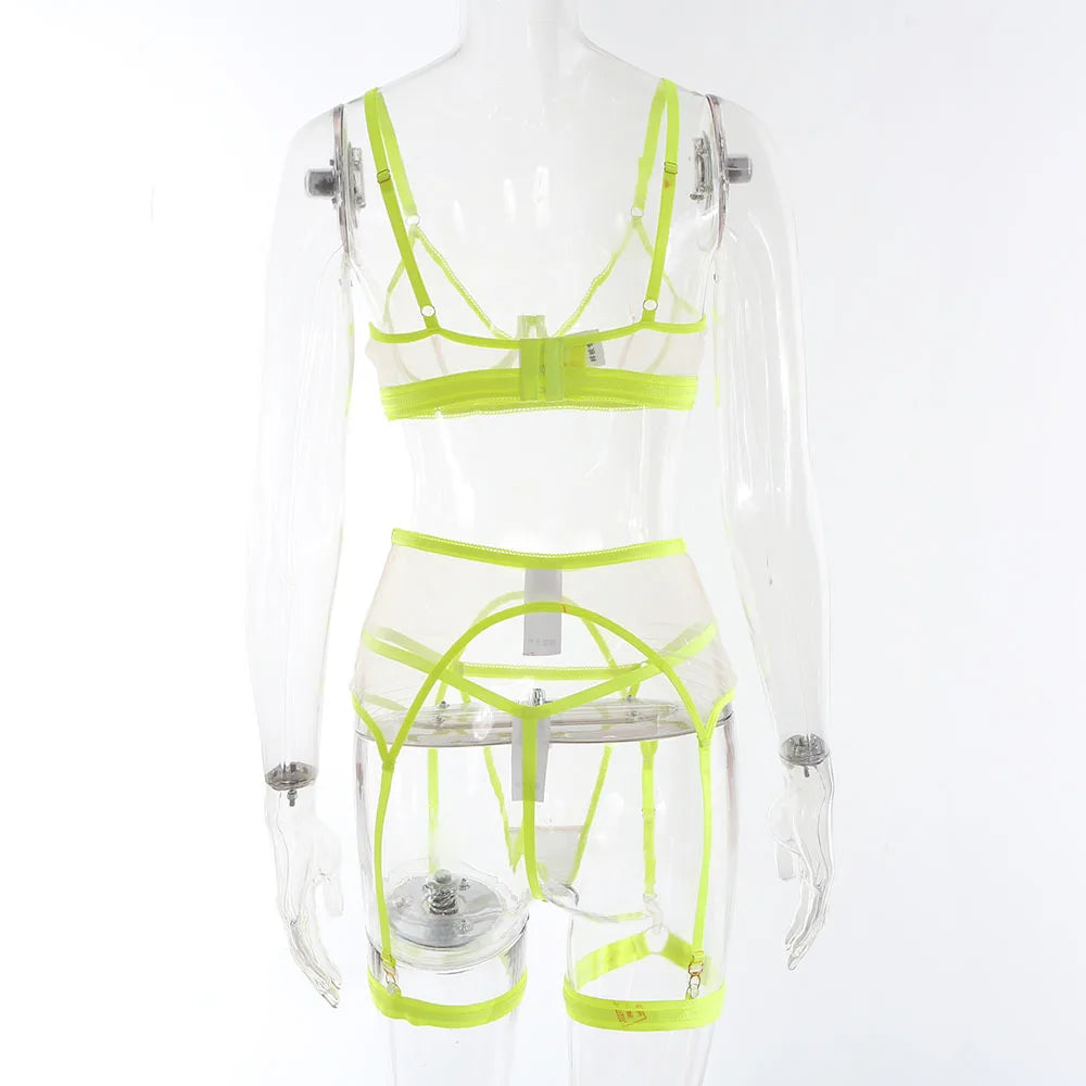 Sexy Lingerie Set Women Transparent Lace Neon Mesh with Seamless Bra and Panty Ultra Hot Erotic Garter Belt