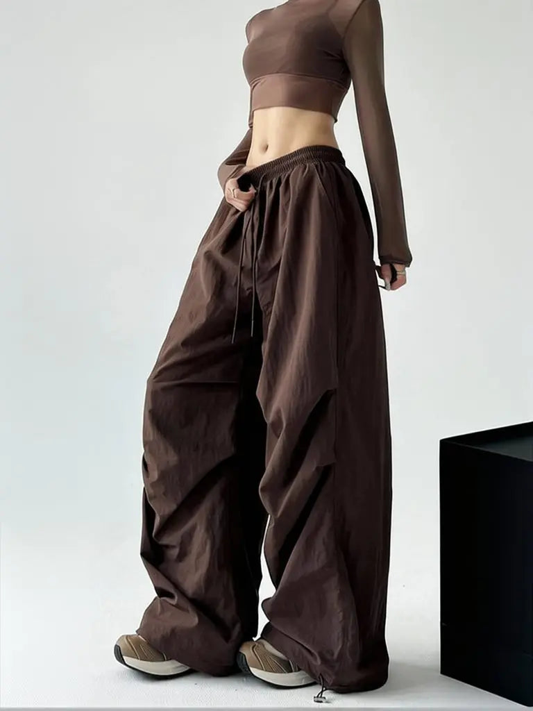 Y2k Hiking Straight Wide Pants Men Streetwear Cargo Paratrooper Pants Casual Brown Quick Dry Pocket Summer Travel Sport Trousers