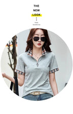 New Women Summer Cotton Polo T-shirt Fashion Button Plaid Turn-down Collar Short Sleeve Slim T-shirt Simplicity Casual Tees Tops