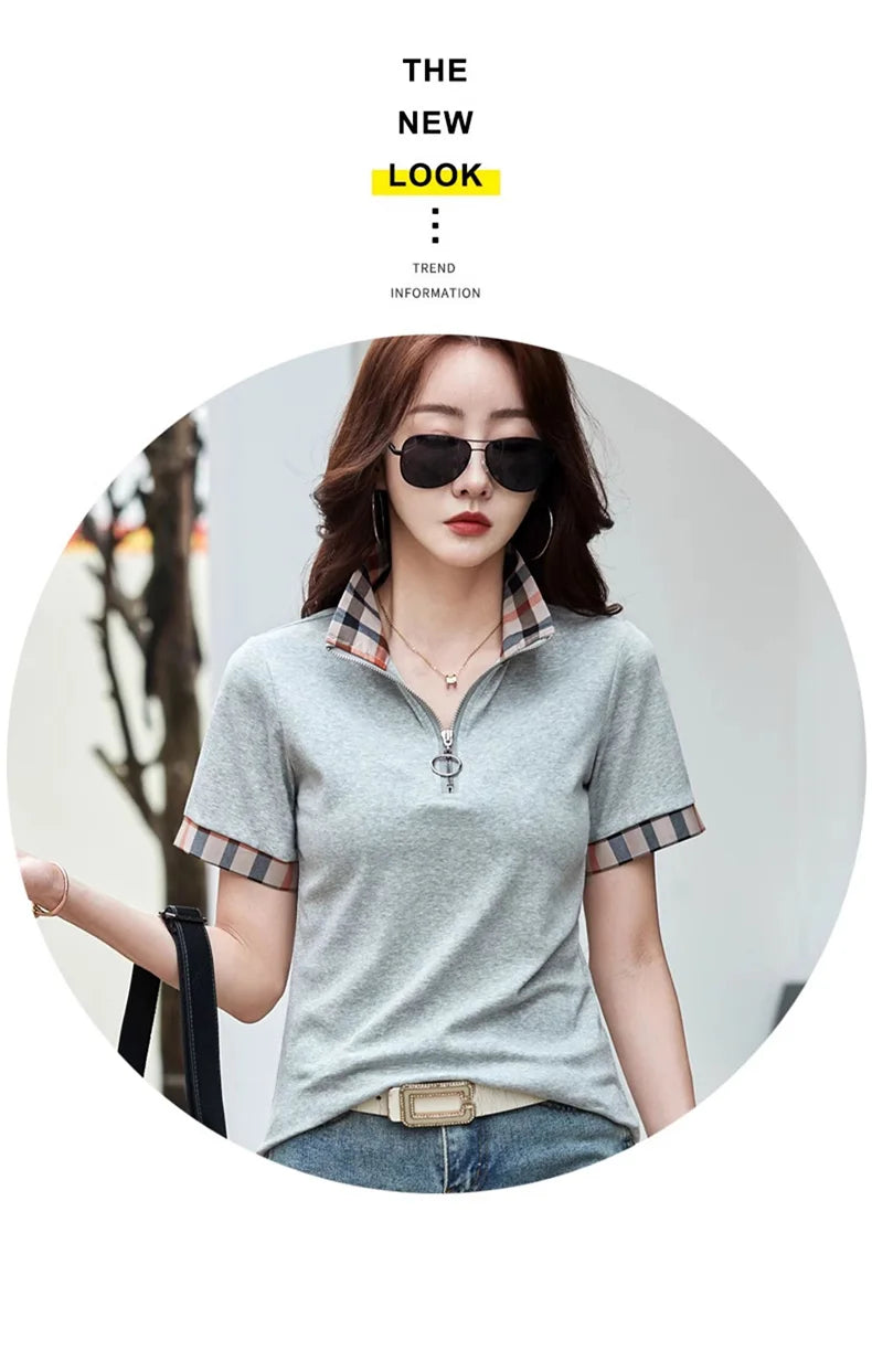 New Women Summer Cotton Polo T-shirt Fashion Button Plaid Turn-down Collar Short Sleeve Slim T-shirt Simplicity Casual Tees Tops