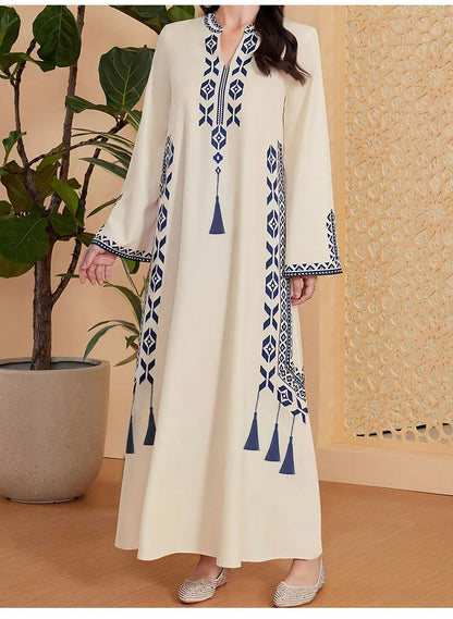 Fashion Muslim Women's Printed V-neck Robe 2025 Autumn V-neck Long Sleeve Arab Ethnic Style Printed Maxi Dress For Women Elegant