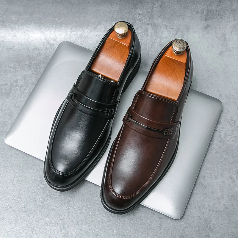 Men's Formal Leather Shoes Classic Style Slip On Loafers Round Toe Breathable Non-Slip Business Dress Wedding Office Casual Shos