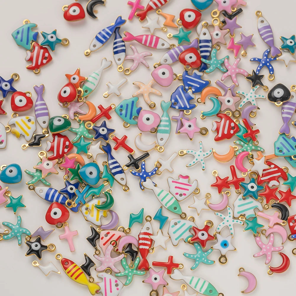 20pcs Stainless Steel Enamel Charms Mixed Moon Star Cross Fish Animal Charm Pendant DIY for Necklace Bracelet Jewelry Making