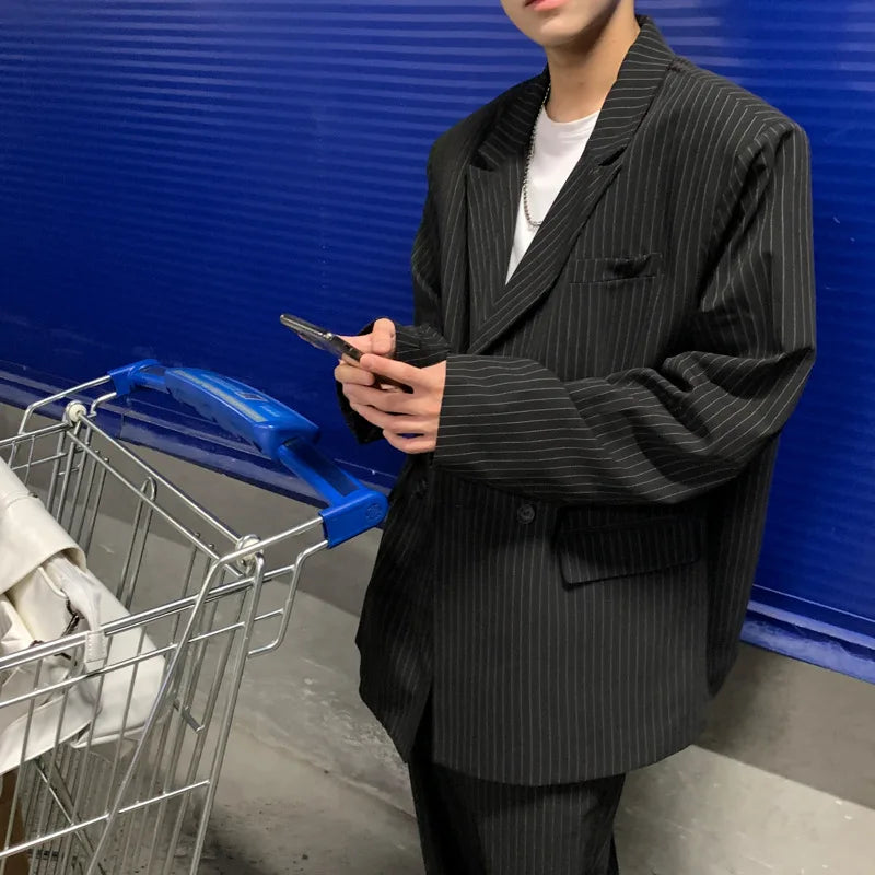 Spring Summer New Fashion Men's Korean Striped 2-piece Set Suits Blazers Pants Casual Trendy Straight Business Suit Male Sets