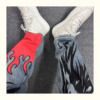 Men's Retro American Street Hip Hop Flame Skull Print Jeans Man High Street Motorcycle Denim Long Pants Baggy Jeans Men Techwear