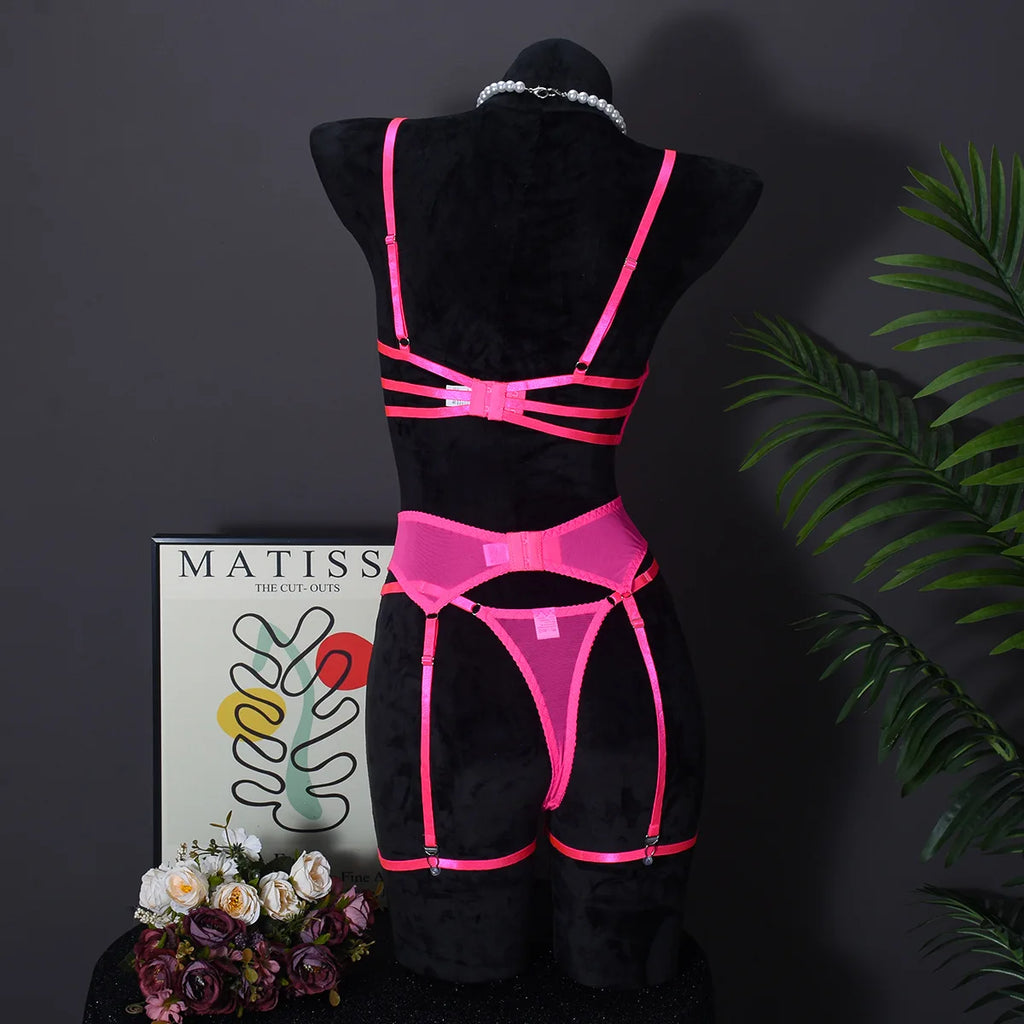 Ellolace Daring Women's Lingerie Sets Fancy Sexy Bra Belt Thong 3PC with Leg Circles Romantic Heart Rhinestone Women Underwear