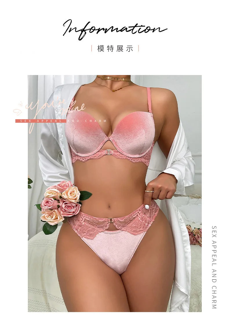 Autumn and Winter Velvet Bra Set Women's French Lace Patchwork Underwear Sexy Soft Steel Ring Ultrathin Lingerie Suit