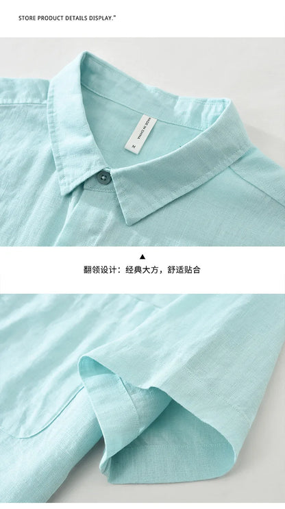 100% Linen Short Sleeve Shirt for Men Breathable Summer Casual Top Minimalist Loose Fit Button-Up Shirt  Natural Wrinkle Texture