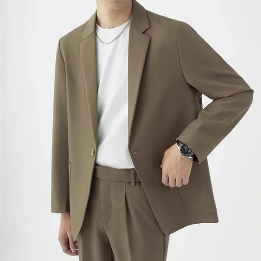 KIDWHXR Men 2-piece Outfit Loose Single-breasted Blazer Male Straight-leg Pant Man Korean Simple Solid Business Casual Suit Set