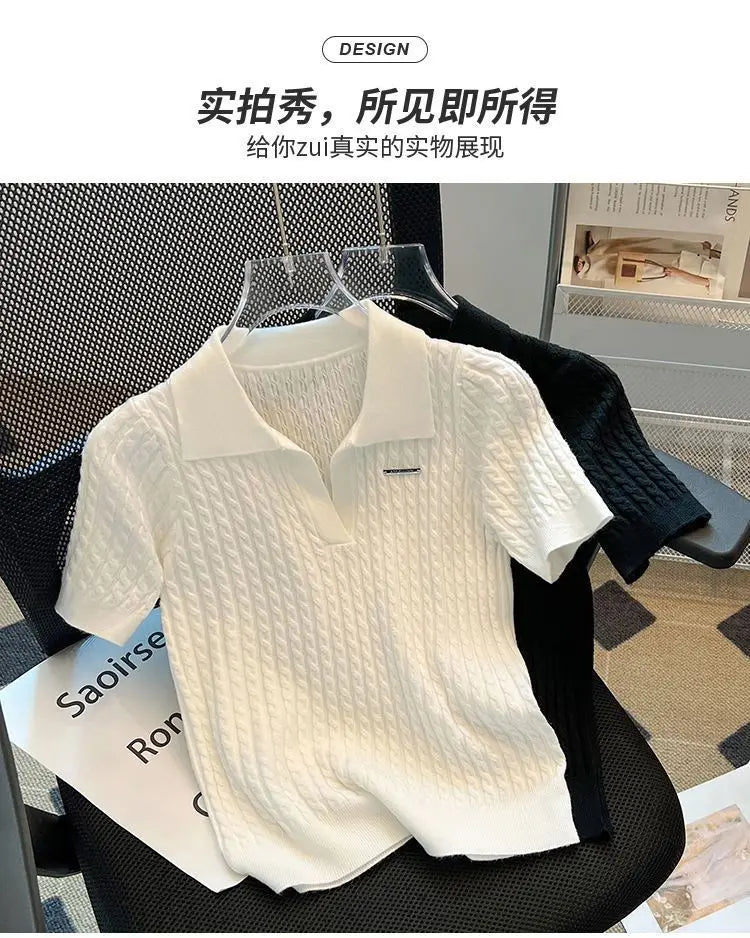 Summer Women's Polo-neck Short-sleeved Shirt Ice Silk Twist Stripe Knitting T-Shirt Thread Loose Minimalist Lapel Pullover Tees
