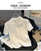 Summer Women's Polo-neck Short-sleeved Shirt Ice Silk Twist Stripe Knitting T-Shirt Thread Loose Minimalist Lapel Pullover Tees