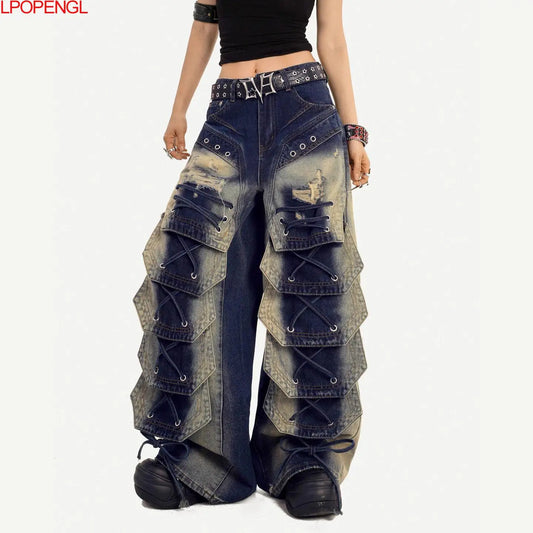 Fashionable Retro Embroidered Personalized Irregular High Waisted Jeans 2026 New Women Loose Oversized Streetwear Wide Leg Pants