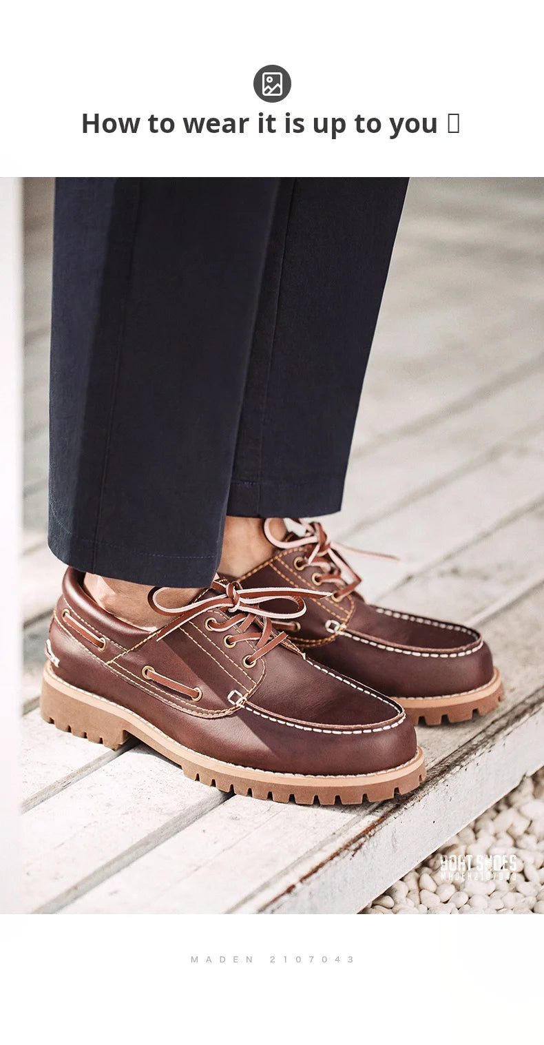 Maden Men's Vintage Boat Shoes Lace-up Round Toe Derby Shoes Low Top Boots British Style Classic Work Dress Shoes
