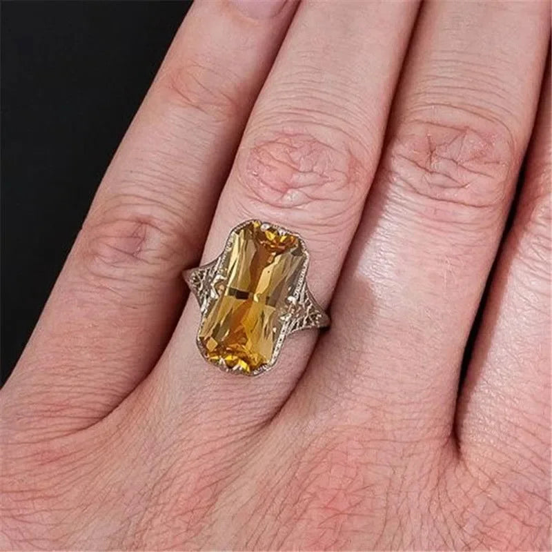 Citrine hollowed-out Carved S925 Silver Rings Exaggerated Silver Hand Jewelry For Women Gemstone  Wedding Party Ring Wholesale